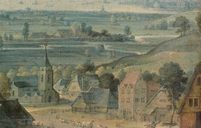 Attribué à HANS BOL (1534-1593) Vue panoramique d'un village des Flandres à droite...
