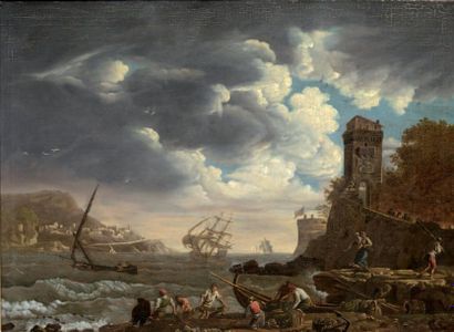 Ecole FRANCAISE vers 1820, suiveur de Claude Joseph VERNET Pêcheurs hâlant leurs...