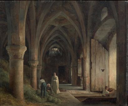Attribué à Robert Léopold LEPRINCE (1800-1847) Un cellier dans les ruines d'une abbaye...