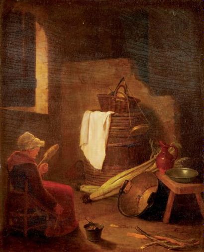 JENNY-LEGRAND (vers 1801-1831) La fileuse dans son réduit Panneau de noyer Une planche,...