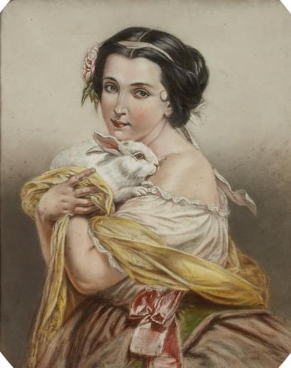 Ecole FRANCAISE 1863 Jeune fille au lapin Pastel Signé et daté en bas: 1863 59 x...