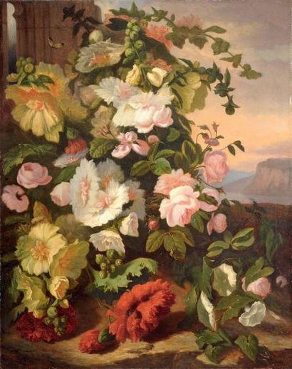 Simon SAINT-JEAN (1808-1860) Bouquet de fleurs d'été Huile sur toile Signée en bas...