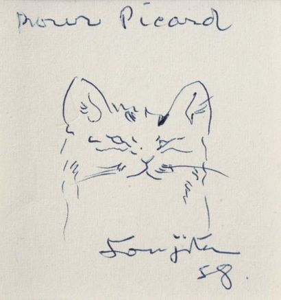 Léonard FOUJITA (1886-1968) Tête de chat Dessin au stylo-bille exécuté sur une carte...