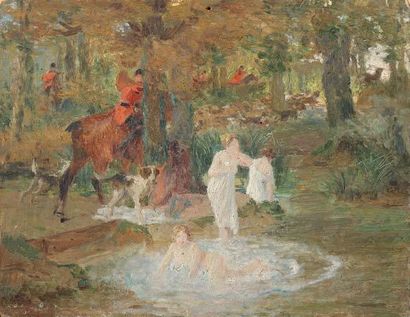 Alphonse GAUDEFROY (1845-1936) Nymphes au bain surprises (esquisse) Huile sur panneau...