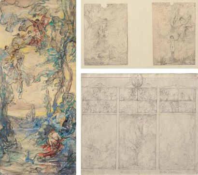 Joanny DOMER (1833-1896) Suite de six dessins préparatoires pour un projet décoratif...