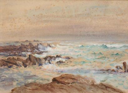 Alphonse BIRCK (1859-1942) Mer agitée sur les rochers Aquarelle Signé en bas à gauche...