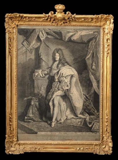 Drevet d'après RIGAUD Portrait de Louis XIV en costume de sacre gravure en noire,...