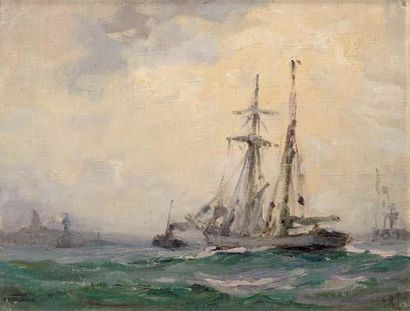 Georges RICARD-CORDINGLEY (1873-1939) Retour de bateau de pêche (port de Boulogne),...