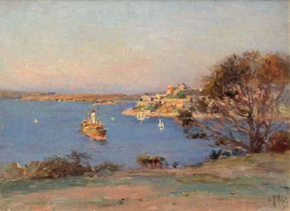 Georges RICARD-CORDINGLEY (1873-1939) Port de Sidney, 1909 Huile sur carton Monogrammé...