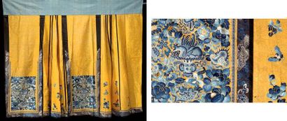 CHINE Elément de robe (jupes) en soie à fond jaune brodée de fleurs en camaïeu de...