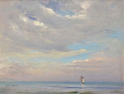 Georges RICARD-CORDINGLEY (1873-1939) Goélette de dos en pleine mer, 1926 Huile sur...