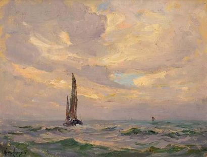 Georges RICARD-CORDINGLEY (1873-1939) Voiles brunes en pleine mer (Mer du Nord),...