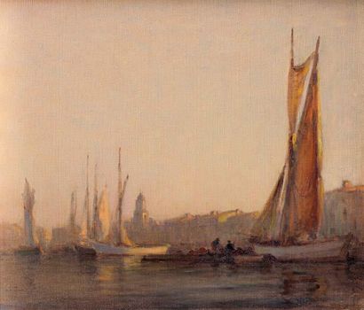 Georges RICARD-CORDINGLEY (1873-1939) Port de Saint-Tropez le matin Huile sur toile...