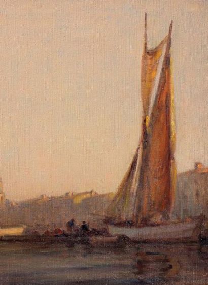 Georges RICARD-CORDINGLEY (1873-1939) Port de Saint-Tropez le matin Huile sur toile...