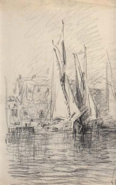 Georges RICARD-CORDINGLEY (1873-1939) Tartanes à quai, Cannes, 1938 Fusain Monogramme...