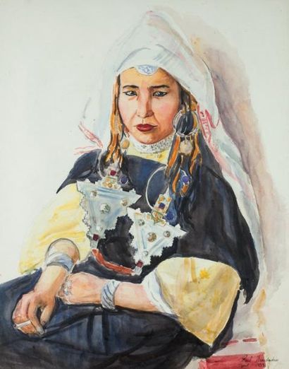 PAUL WAENDENDRIES (1911-1991) Portrait de femme marocaine, Tiznit Aquarelle, signée...