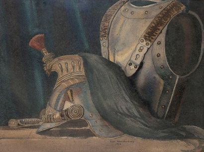 PAUL WAENDENDRIES (1911-1991) Etude de casque et de cuirasse Aquarelle et crayon,...