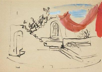 Christian BERARD (1902-1949) Projet de décor de théâtre au rideau rouge Encre, aquarelle...