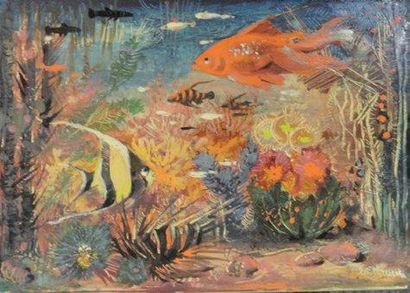 Attribué à Mosshammer GYORGY (1911-1970) Le monde aquatique Huile sur papier, signée...