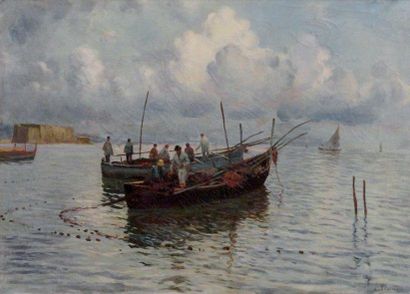 Attribué à Lazzaro PASINI (1861-1949) Marine Huile sur toile, signée en bas à droite...