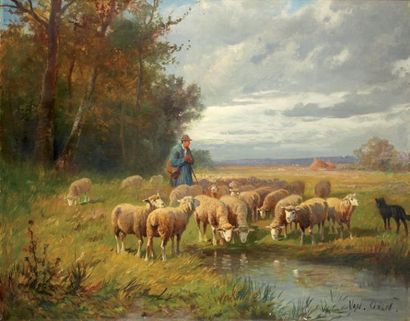 Coen VAN OVEN (1883-1963) école hollandaise Berger et ses moutons Huile sur toile,...