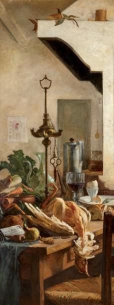 Vicente BERUETTA ITURRALDE (1873-1908) Nature morte à la pintade et lampe à huile...