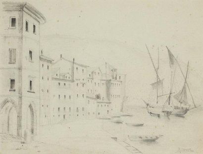 Raphael SENET Y PEREZ (1856-1926) Vue de port Crayon, signé en bas à droite 20 x...