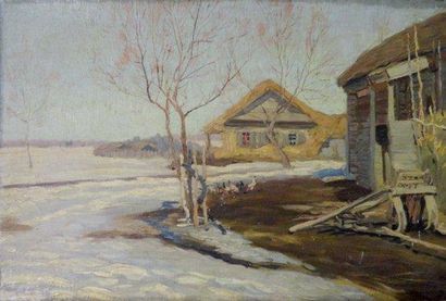 Attribué à Vladimir Vasilievich PEREPLETCHIKOV (1863-1918) La ferme sous la neige...