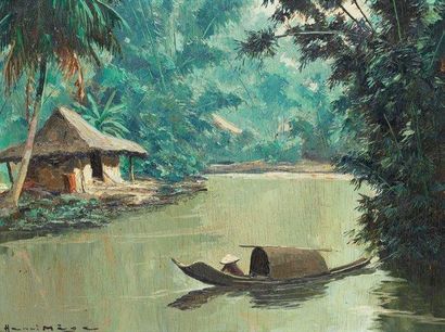Henri MEGE (1904-1984) Matinée dans un village d'Annam près de Hué, 1954 Huile sur...