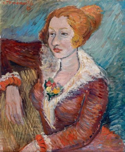Constantin TERECHKOVITCH (1902-1978) Jeune femme à la robe orange, 1929 Huile sur...