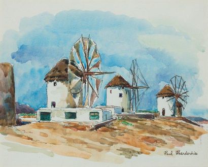 PAUL WAENDENDRIES (1911-1991) Les moulins de Mykonos Aquarelle, signée en bas à droite...