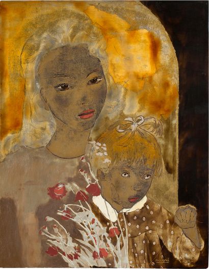 ALIX AYMÉ (1894-1989) Jeune mère et sa fille
Laque à rehauts d'or, signée en bas...
