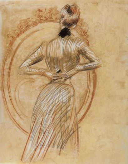Paul César HELLEU (1859-1927) Elegante au miroir. Pastel aux trois crayons sur papier....