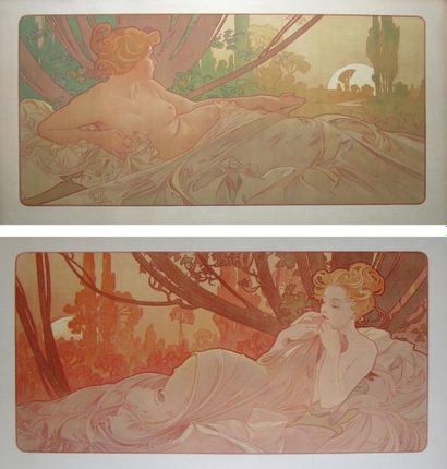 ALPHONS MARIA MUCHA (1860-1939) Aube et Crepuscule. Exceptionnelle paire d'affiches...