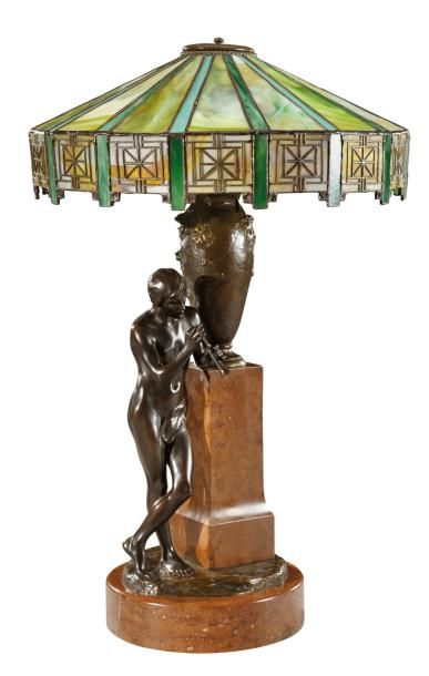 Hans MÜLLER (1873-1937) Importante lampe de bureau en bronze à patine brune et marbre...