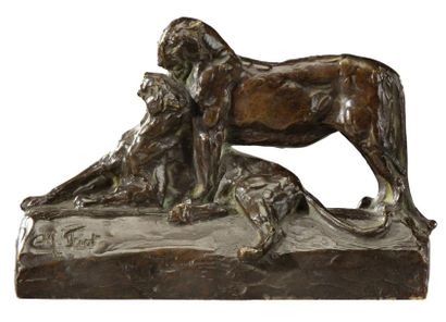 MAXIMILIEN LOUIS FIOT (1886-1953) «Couple de panthères» Epreuve en bronze à patine...