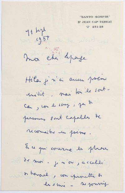 COCTEAU Jean (1889 - 1963) L.A.S. « Jean Cocteau », Santo-Sospir 11 septembre 1957,... Gazette Drouot