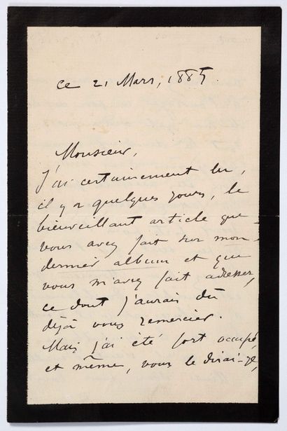 REDON Odilon (1840 - 1916) L.A.S. « Odilon Redon », 21 mars 1885, à Émile HENNEQUIN;... Gazette Drouot