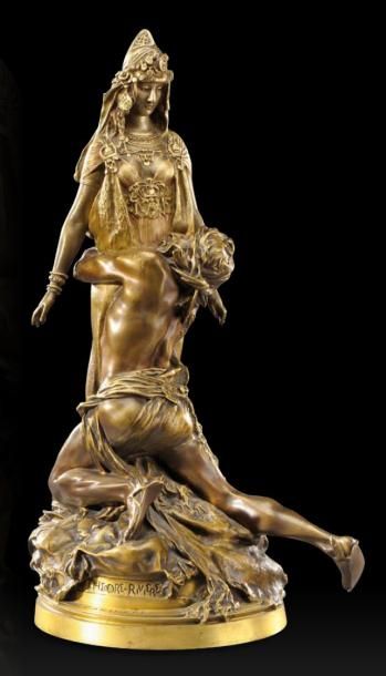 THEODORE-RIVIERE (1857-1912) «Sarah Bernard à Carthage» Sculpture en bronze à patine...