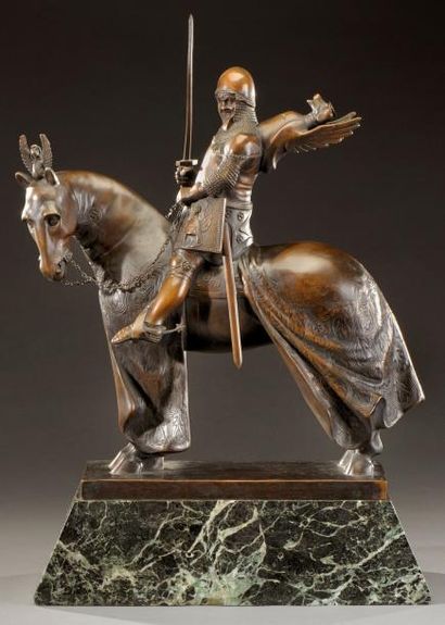 Hans MÜLLER (1873-1937) «Chevalier à l'épée» Epreuve en bronze à patine brune nuancée...