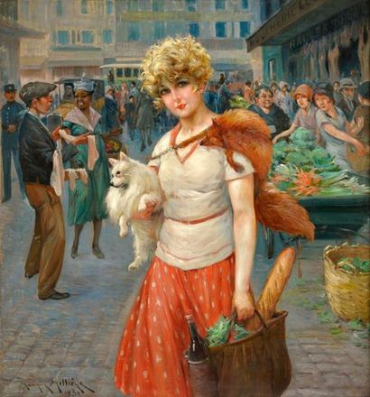 Maurice MILLIÈRE (1871-1946) «Jeune femme au marché» Huile sur toile. Signée et datée...