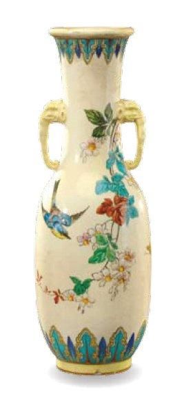 Théodore DECK (1823-1891) Vase à panse bombée, col évasé et anses en applique figurant...