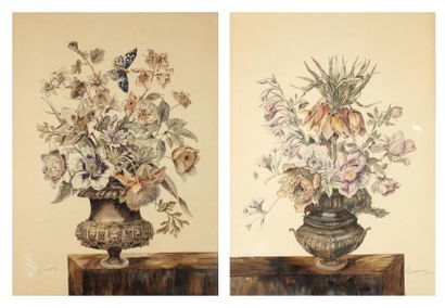 ECOLE FRANÇAISE DU XIXe Vases de fleurs Paire d'aquarelles, signées en bas à gauche...