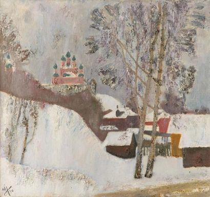 Nikolai OUGLOV (né en 1948) Vue de Perislav sous la neige, 90 Huile sur toile, signée...