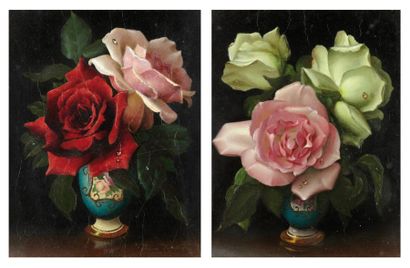 Irene KLESTOVA (1908-1989) Roses rouges et roses Paire d'huiles sur panneau, signées...