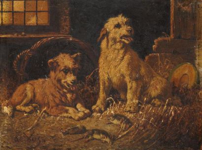 Vincent DE VOS (1829-1875) Après la chasse aux rats Huile sur panneau, signée en...