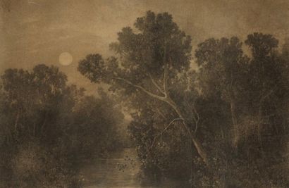 A. COLLON (XIXe-XXe) Paysage au clair de lune Fusain, traces de signature en bas...