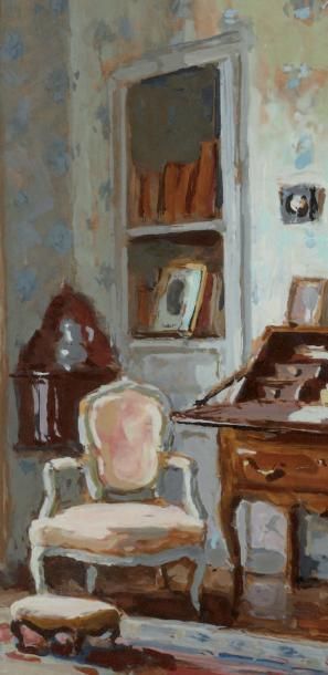 Paul HUGUES (1891-1950) Intérieur au fauteuil rose Gouache dédicacée et datée 1964...