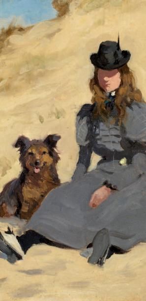 Joseph-Porphyre PINCHON (1871-1953) Jeune fille au chien sur la dune Huile sur toile,...