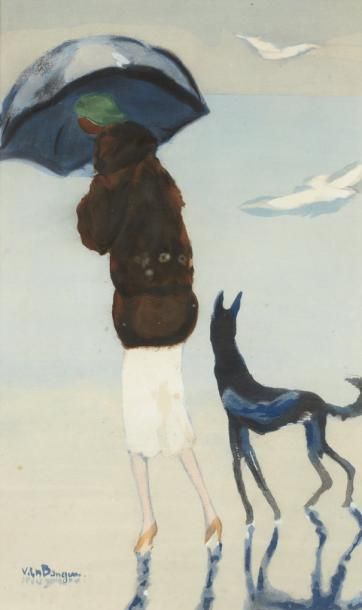 Kees VAN DONGEN (1877-1968) Femme avec un chien marchant sur la plage Pochoir réalisé...